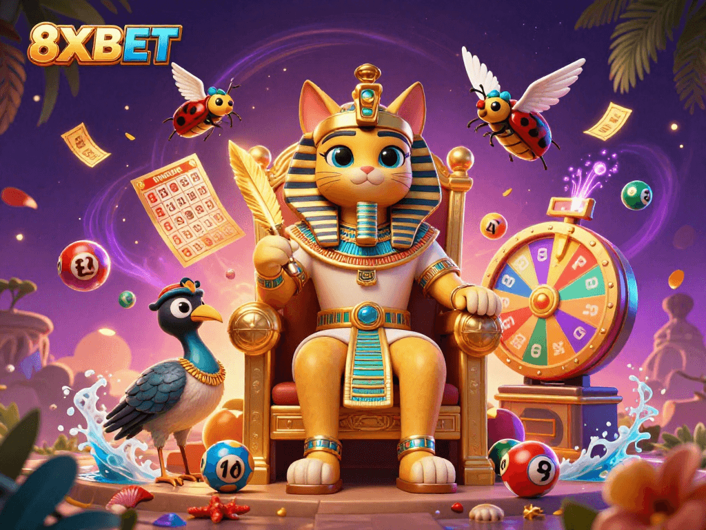 Experience thrilling moments at 8XBET with a playful scene full of vibrant lottery elements and royal characters.