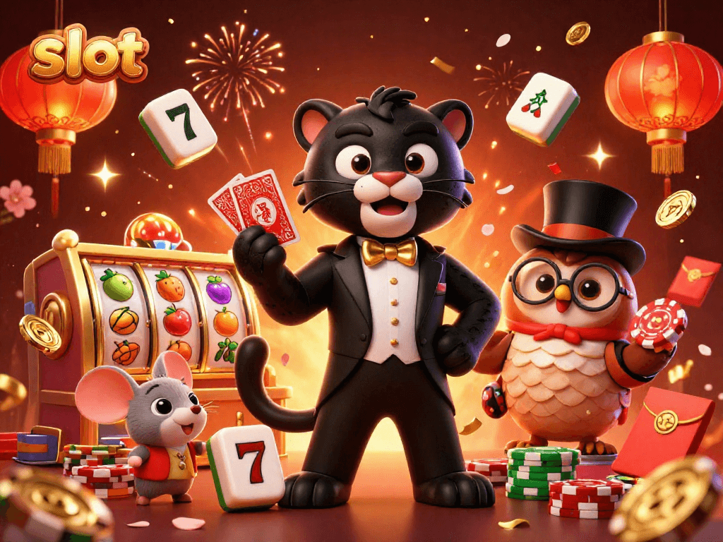 Aksi slot penuh keseruan dengan panther dan karakter kartun lainnya bermain kartu di kasino.