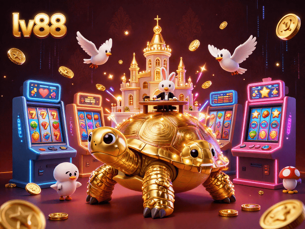Win big with lv88 in this vibrant 3D casino scene featuring a lively gaming atmosphere.