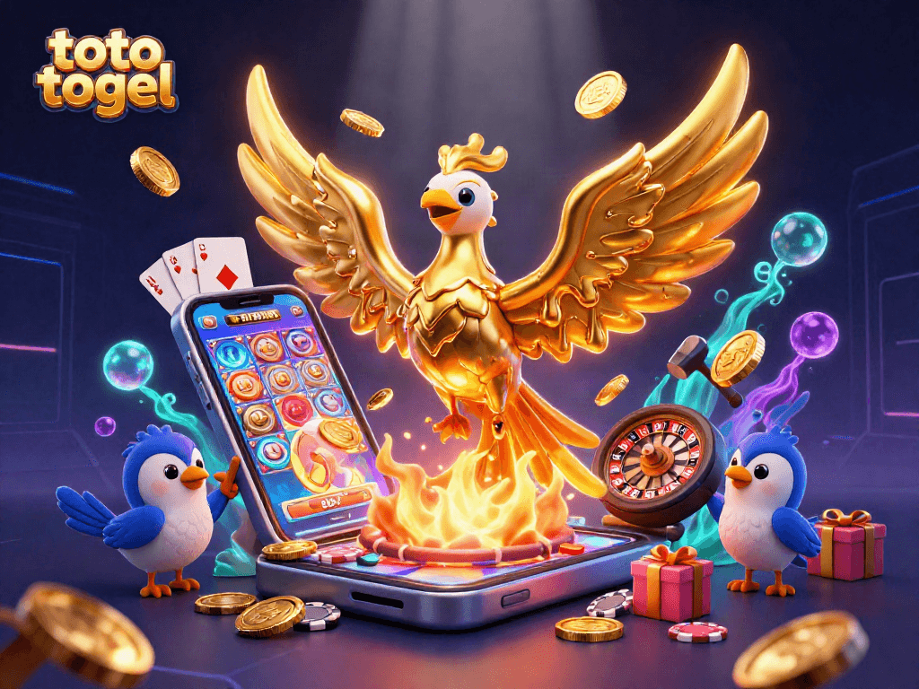 Experience the thrill of toto togel with a phoenix emerging from gaming elements in this vibrant illustration.