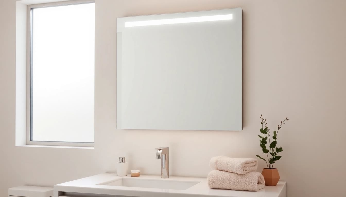 Showcase a stylish bathroom mirror with led light, enhancing modern luxury in a tranquil setting.