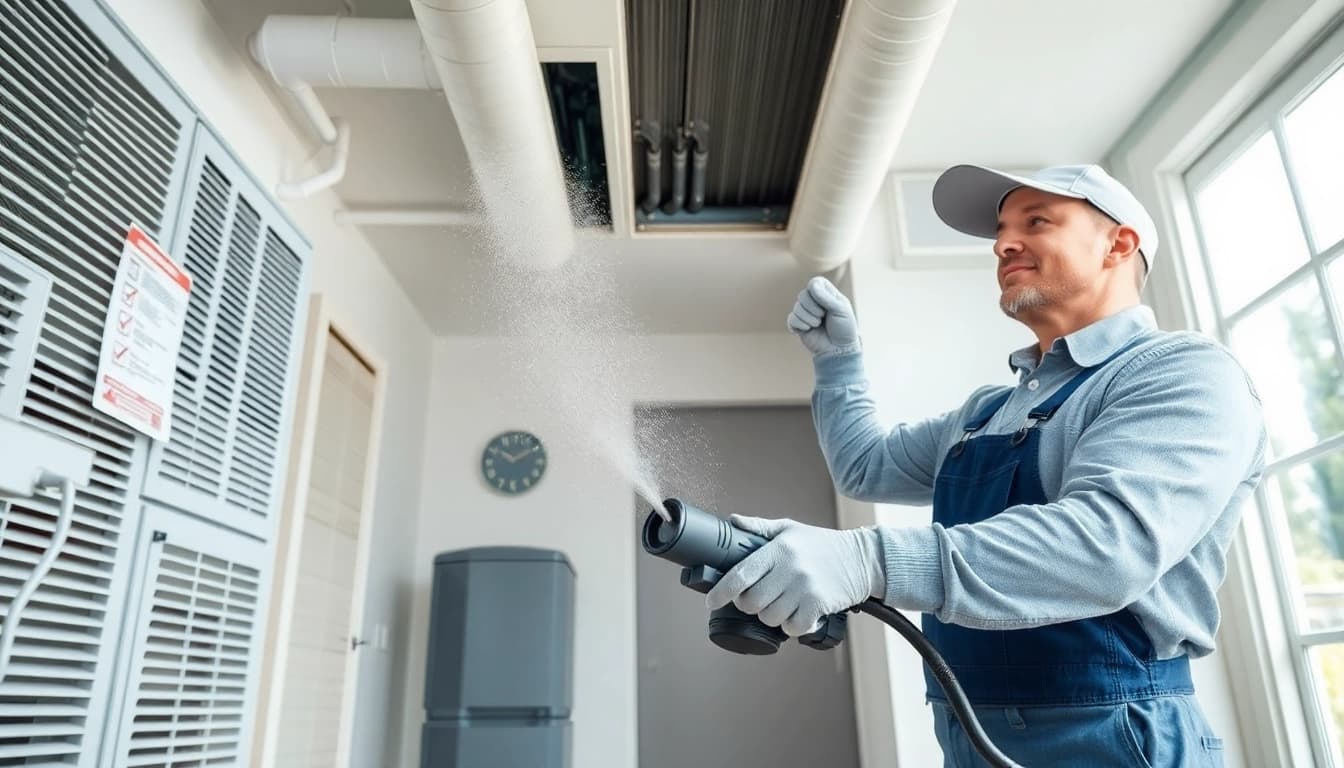 Technician conducting HVAC cleaning to improve indoor air quality and efficiency.
