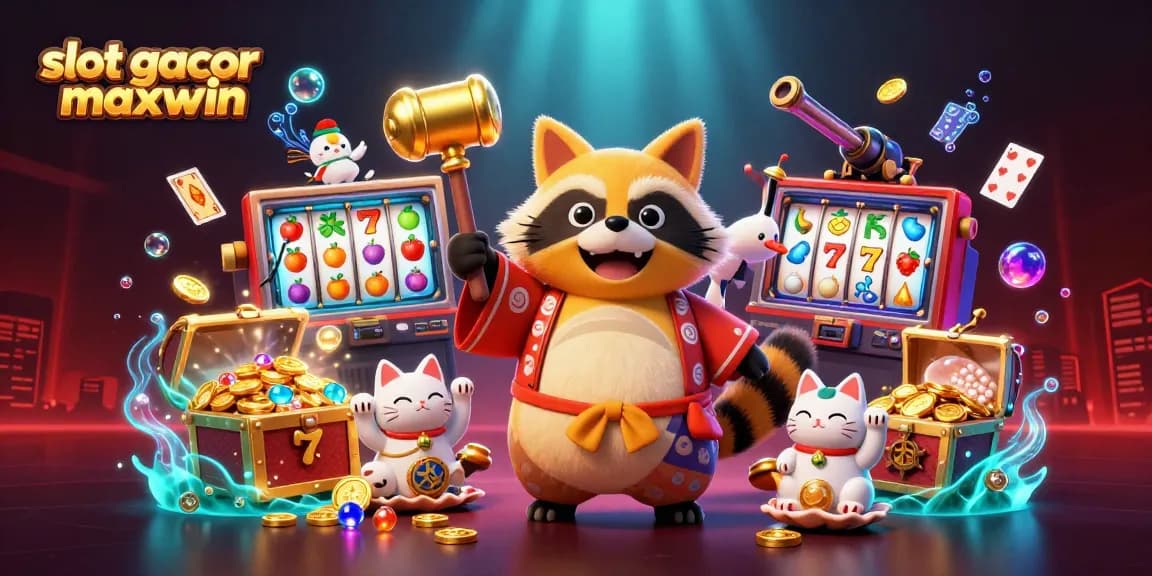 menangkan slot gacor maxwin dengan keberuntungan tanuki dan simbol slot pada ilustrasi penuh warna