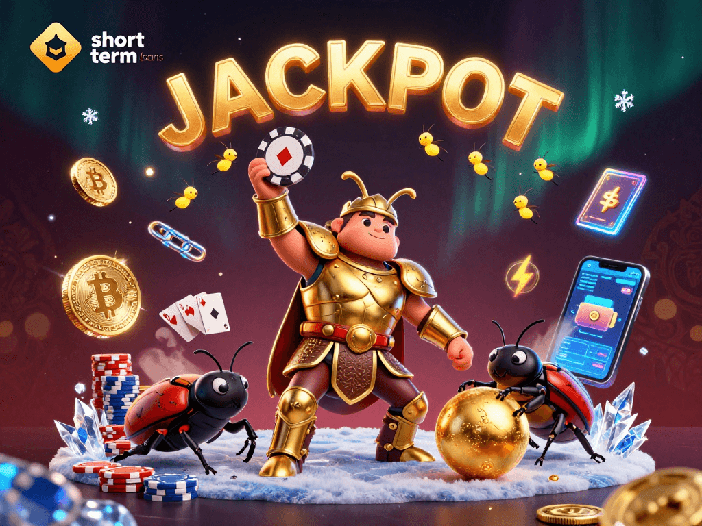 Engage in exciting short term loans at the casino with vibrant beetles and poker elements.
