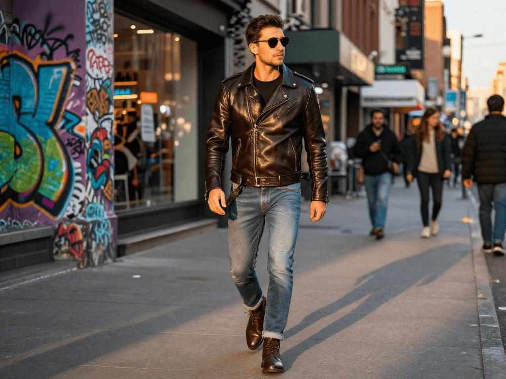 Stylish man wearing men's leather jackets walking in urban fashion scene during golden hour