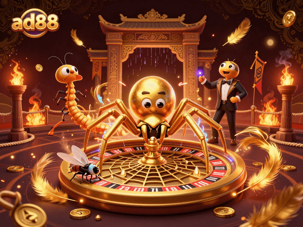 Watch the golden spider spin a roulette web in ad88's exhilarating casino world.