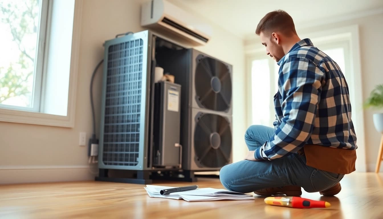 Inspecting residential heating and cooling system with technician in bright home setting.