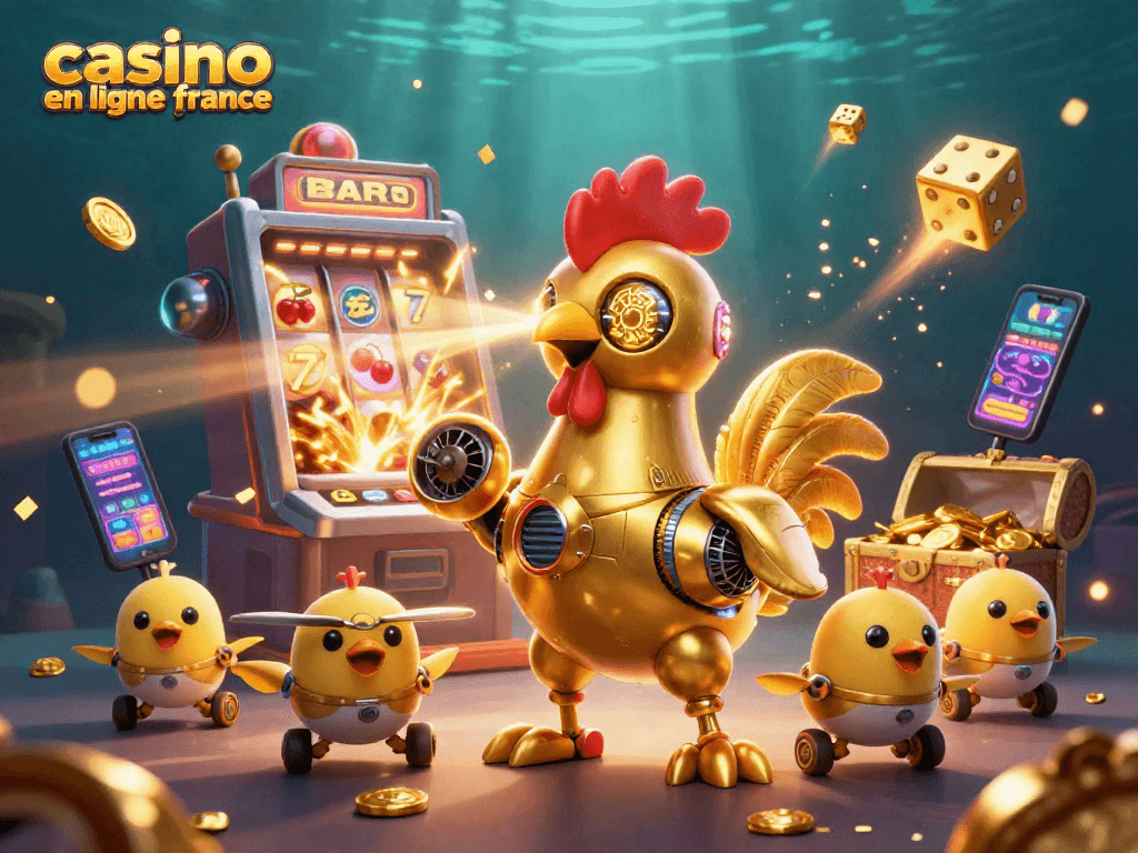 Plongez dans l'univers captivant de casino en ligne France avec un robot doré et des drones, symbole d'un jackpot explosif.