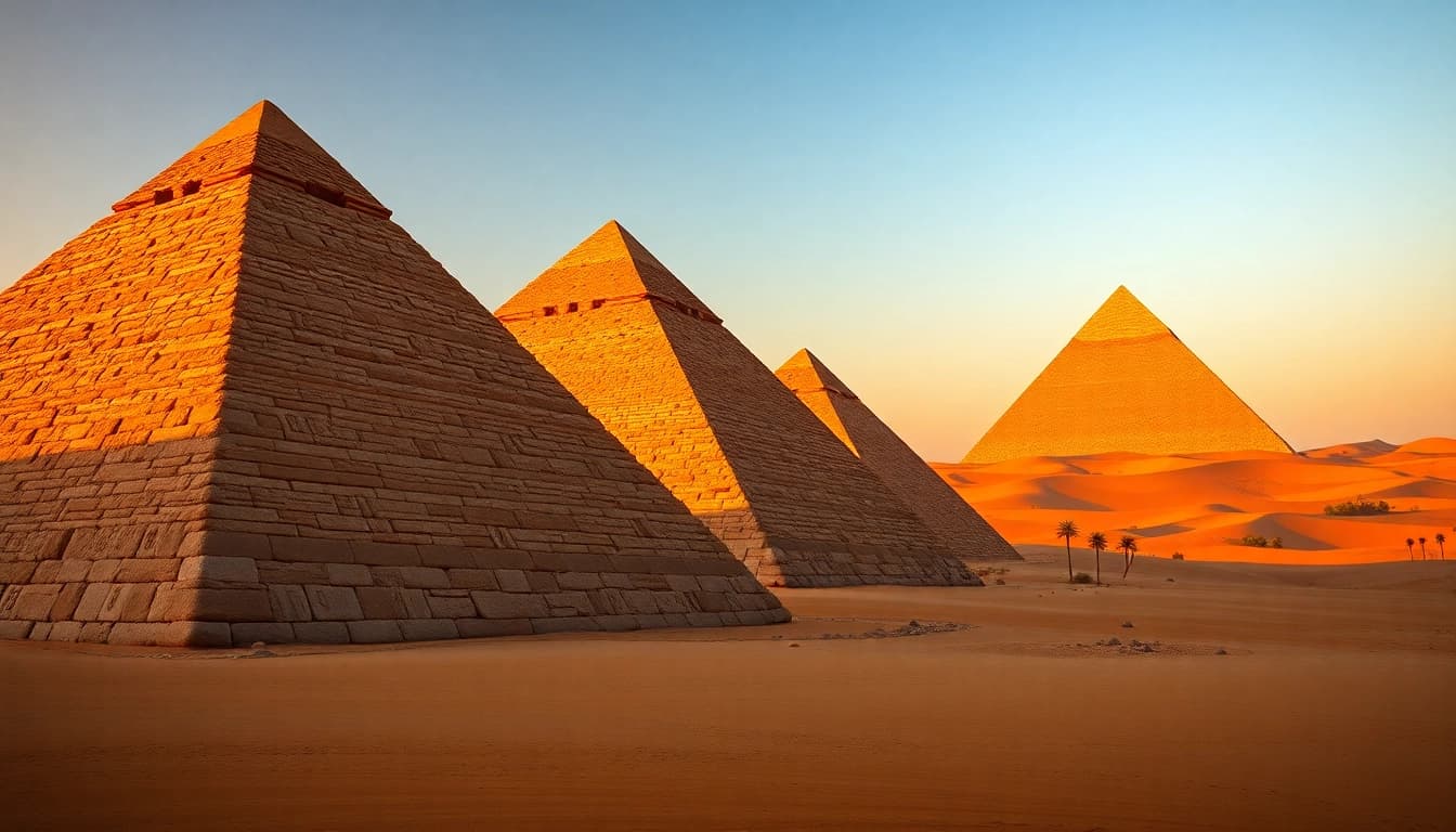 Selecting the most stunning view of piraminds against a sunset sky with warm colors.