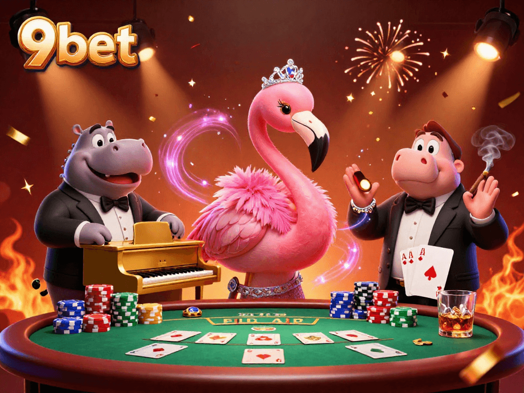Engage in thrilling gameplay at 9bet with colorful poker elements and vibrant casino ambiance.