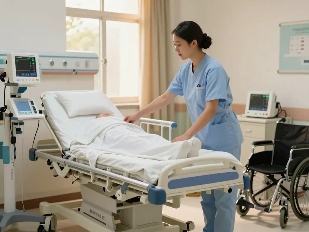 giường bệnh nhân in a comfortable hospital room with nurse assisting, reflecting compassionate healthcare