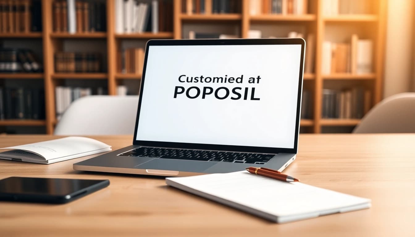 Engage in customized proposal writing with a sleek desk setup featuring a laptop and elegant stationary.