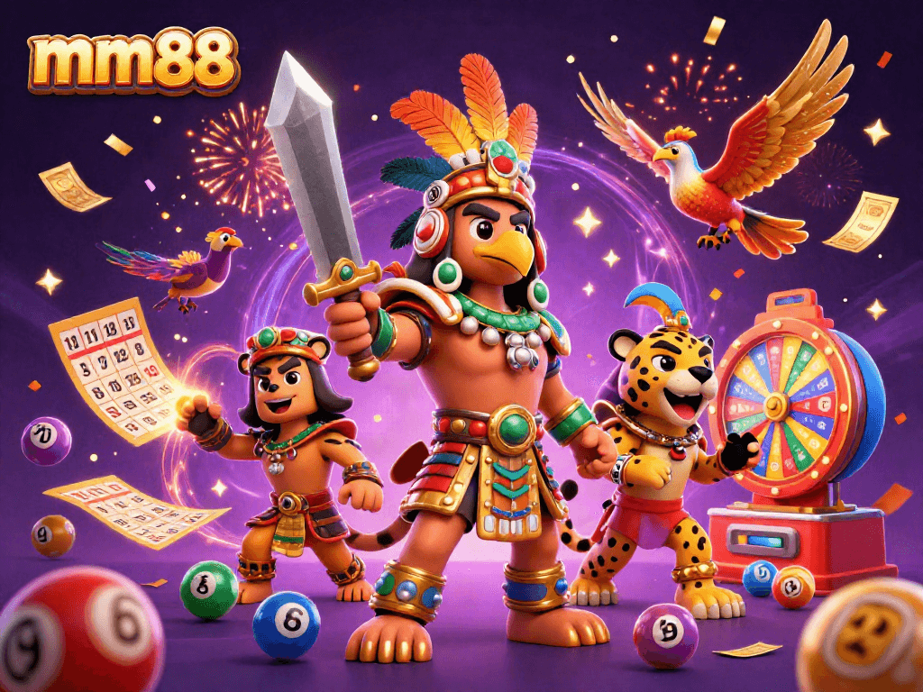 Experience the excitement of mm88 with vibrant gaming elements in a rich 3D illustration.