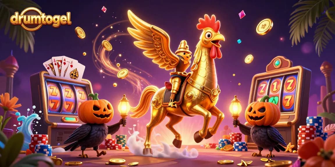 Mainan dan taruhan drumtogel dengan simbol-slot dan koin emas yang terbang di kasino malam.