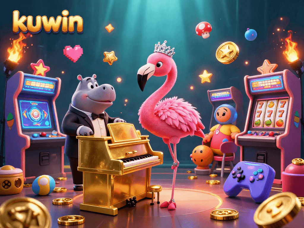 Kuwin's engaging cartoon scene showcases a flamingo singer, hippo bassist, and exciting casino elements, highlighting vibrant gameplay.