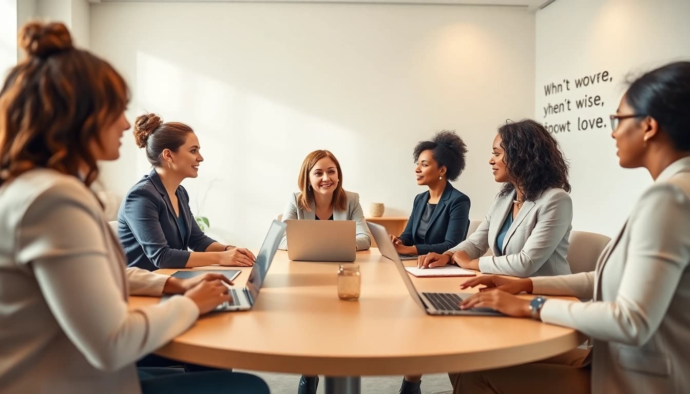 Empowered women learning from a dedicated business coach for women in a bright office setting.