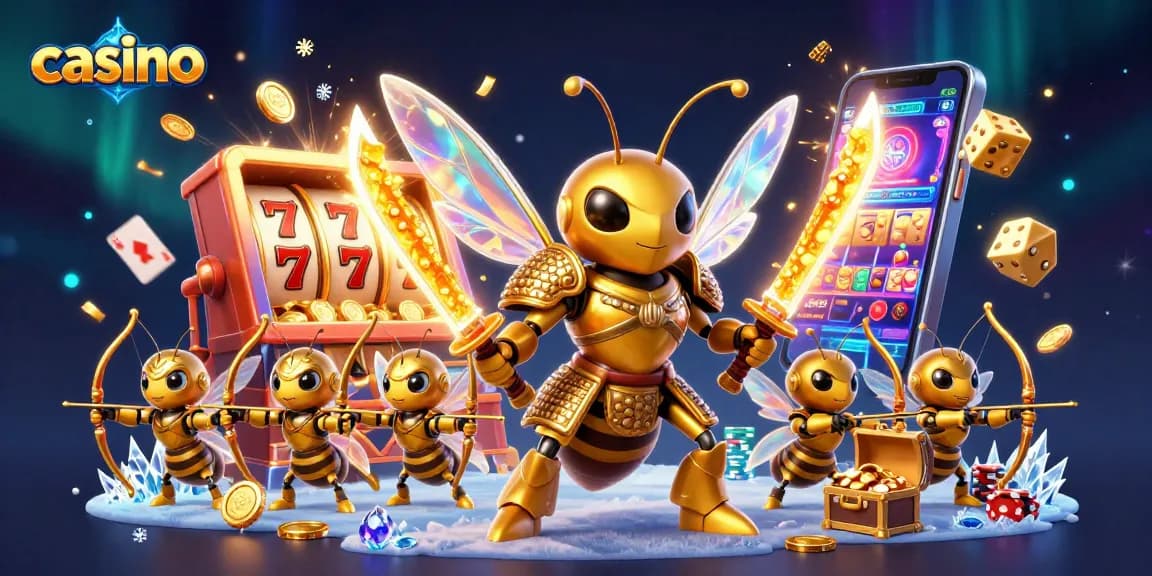 Engaging casino scene with a golden hornet samurai, slot machine, and vibrant gaming elements.