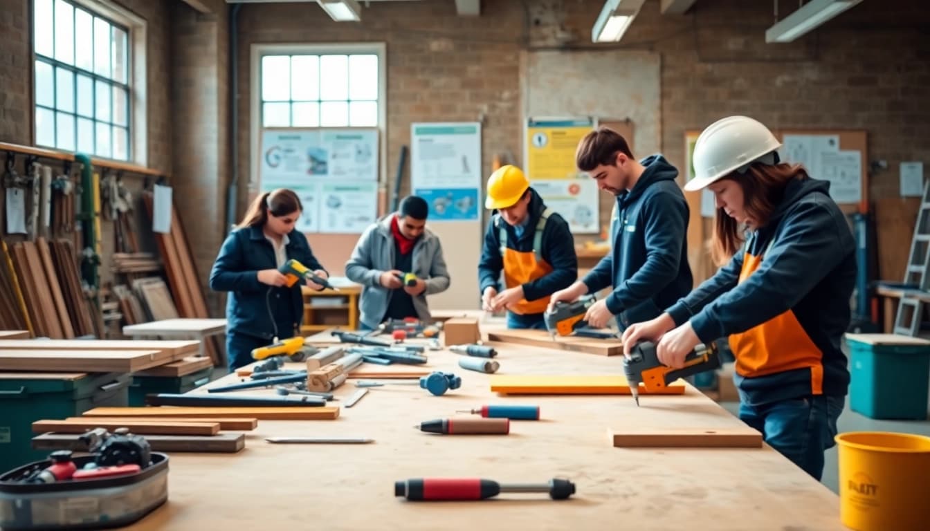 Engaged learners participate in construction craft training, showcasing hands-on skill development.