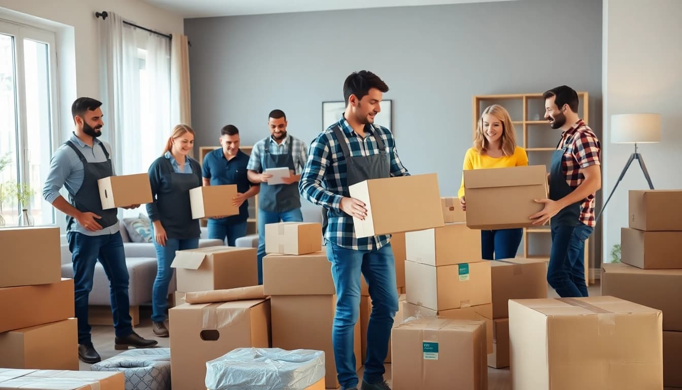 Movers and Packers team efficiently packing boxes in a modern home.