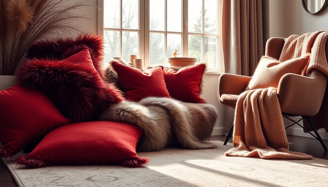 Verken warme en stijlvolle stoffen in een sfeervolle woonkamer met luxe texturen.