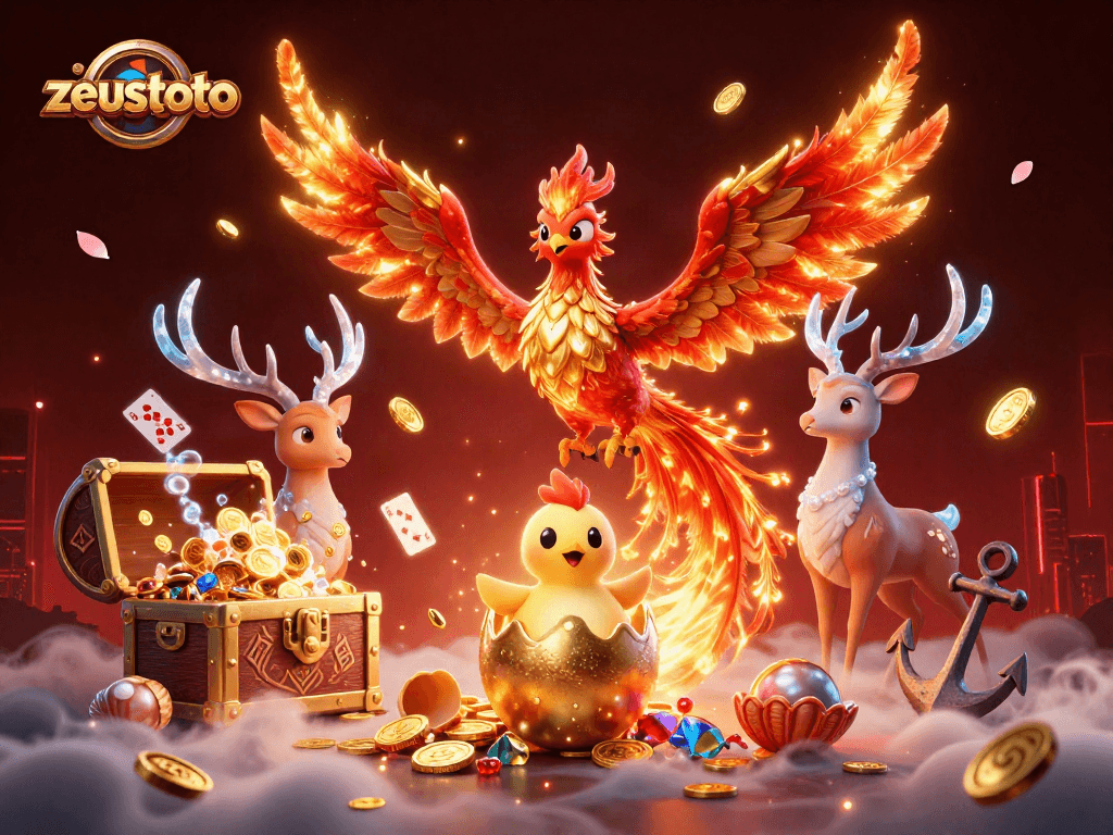 Engage with zeustoto's vibrant gaming experience featuring a fire phoenix amidst treasure and casino elements.