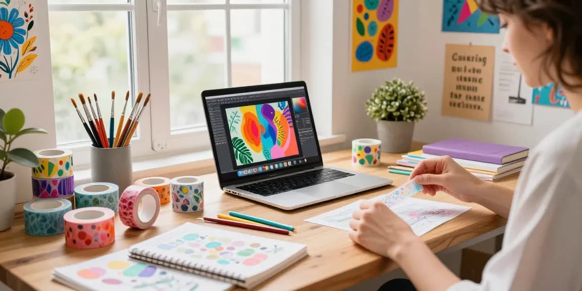 Designing custom washi tape in a vibrant crafting workspace with colorful patterns.