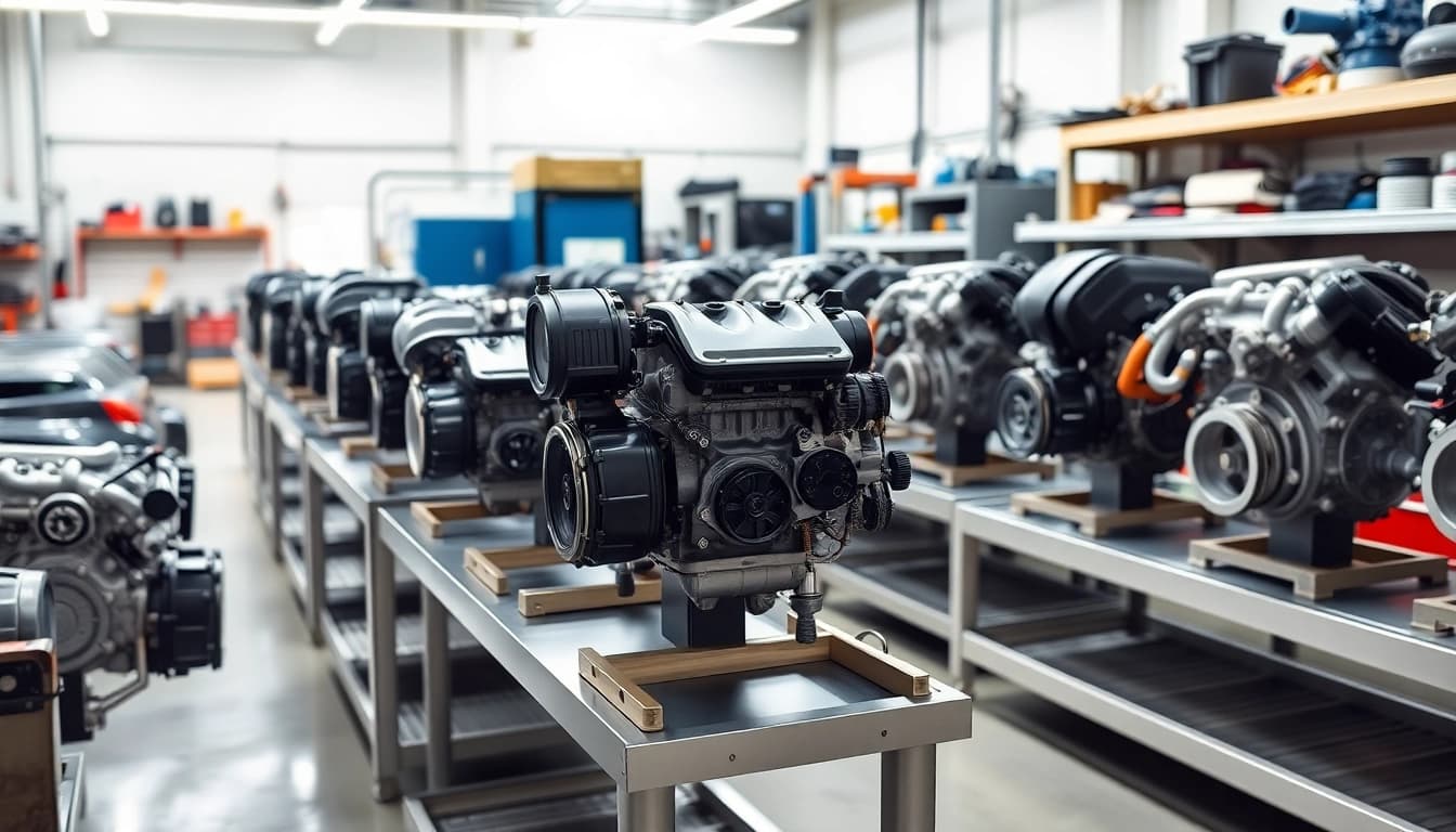 Browse various used engines displayed in a professional workshop setting.