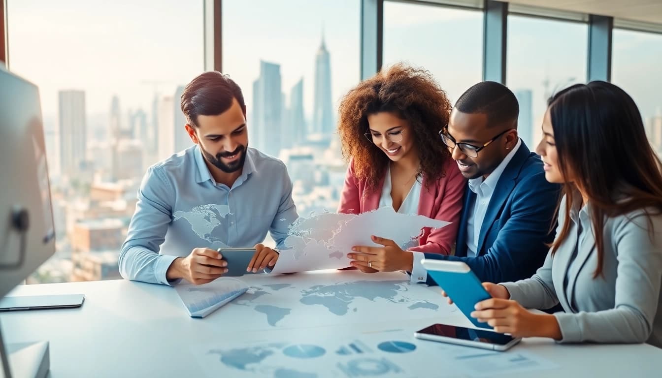 Collaborating professionals in international real estate analyzing a global map in a modern office.