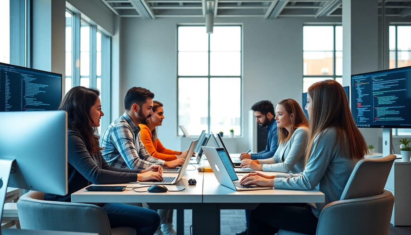 Engaged software quality assurance team at https://xqa.ca collaborating on testing and development projects.