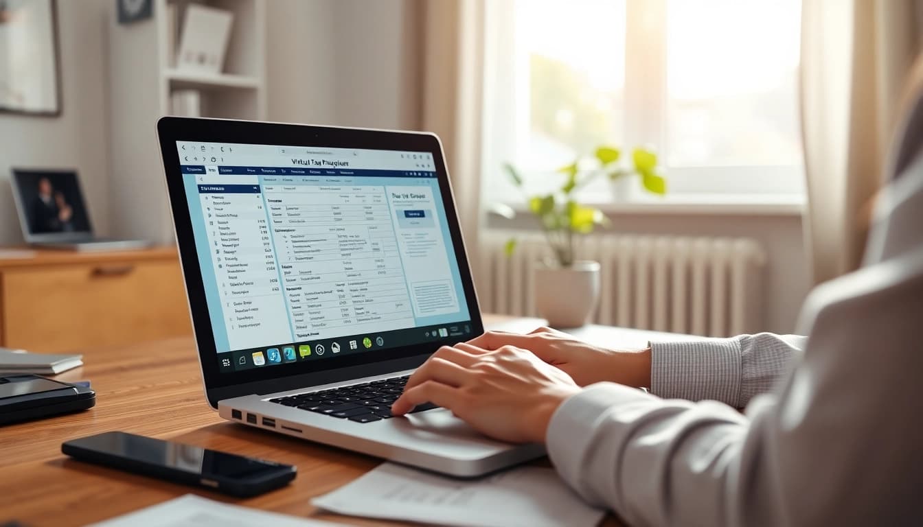 Engaged virtual tax preparer assisting clients professionally in a bright home office.