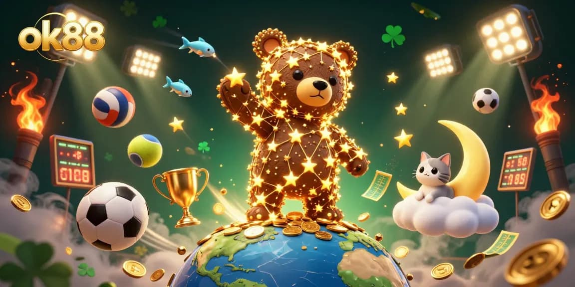 Win with ok88 at an exciting online casino featuring a colorful 3D sports-themed illustration.