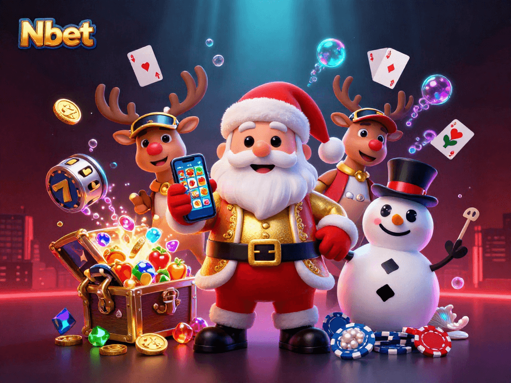 Nbet players winning big with Santa and friends celebrating jackpot slots in a vibrant casino scene