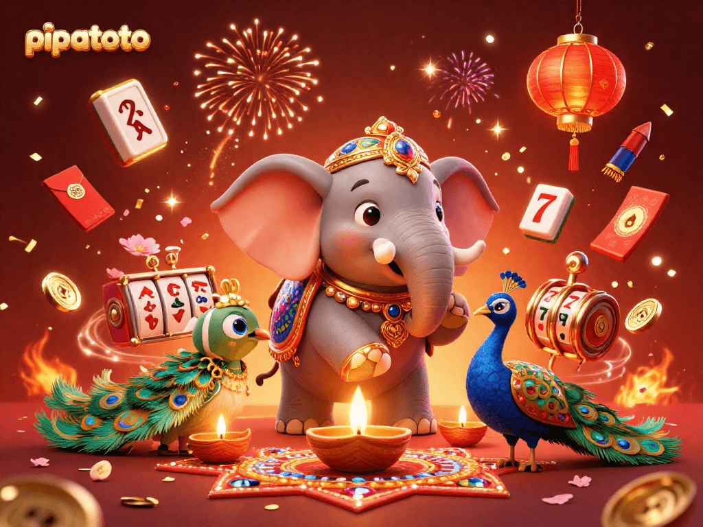 Join the excitement at pipatoto with vibrant slot reels and festive game characters celebrating together.