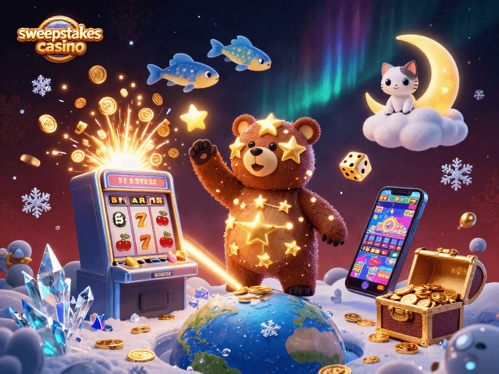 Sweepstakes casino illustration with a golden star bear, slot machine, and coins bursting.