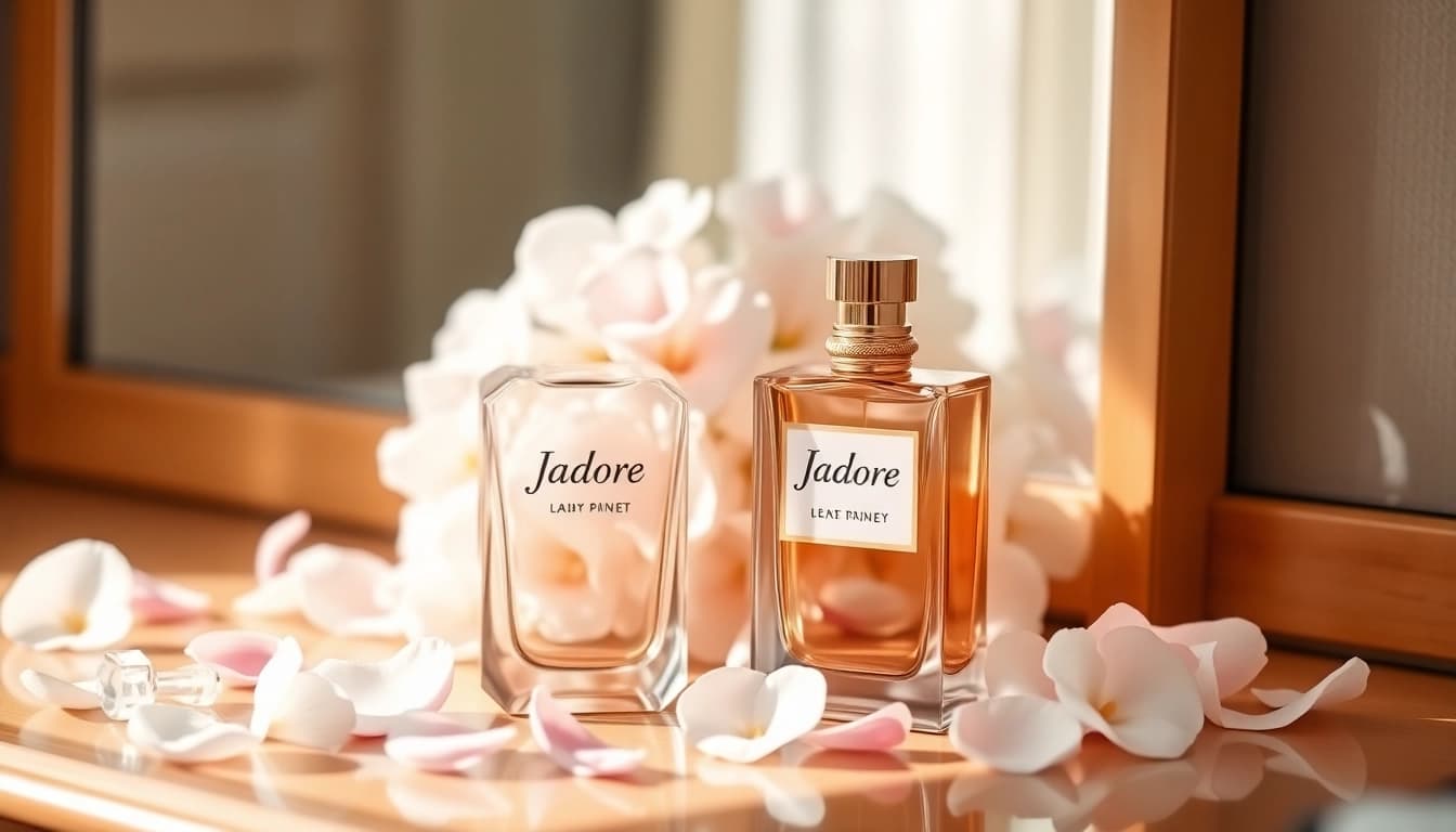 Admire the elegant Jadore perfume bottle surrounded by fragrant petals on a vanity.