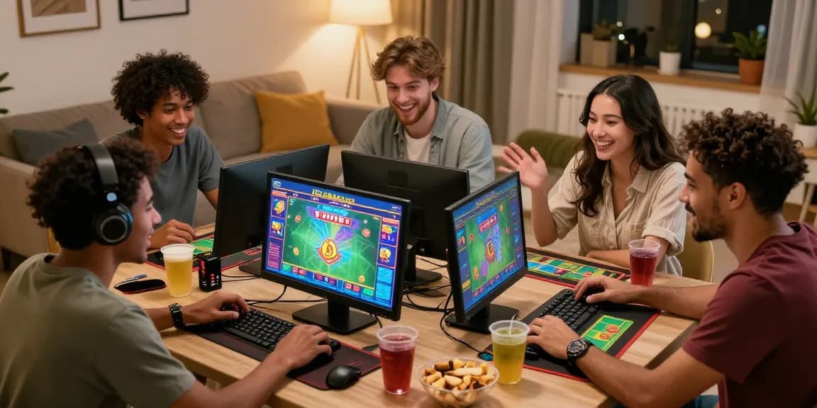 Engaging group playing togel online, surrounded by snacks and screens, in a vibrant living room.