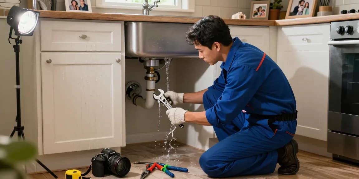 Emergency plumber in Rushden fixing a burst pipe beneath a kitchen sink, showcasing plumbing tools and urgent repairs.
