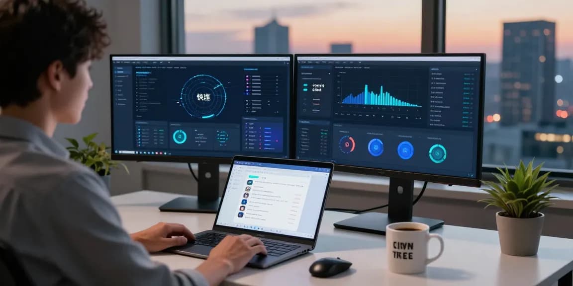 快连 technology workspace with dual monitors showcasing network optimization tools and lively city view.