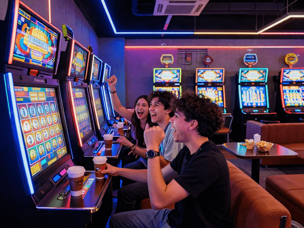 Exciting friends celebrating a win at a slot jepang machine in a vibrant gaming lounge.