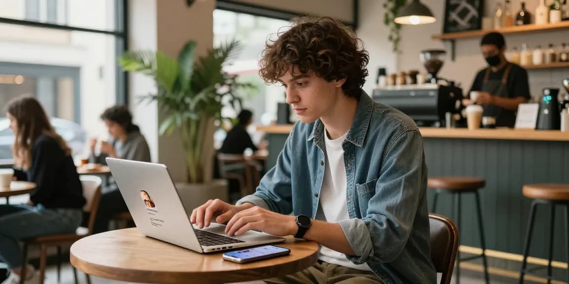 Junger Mensch im Café beim Kauf von Likes für Instagram auf dem Laptop