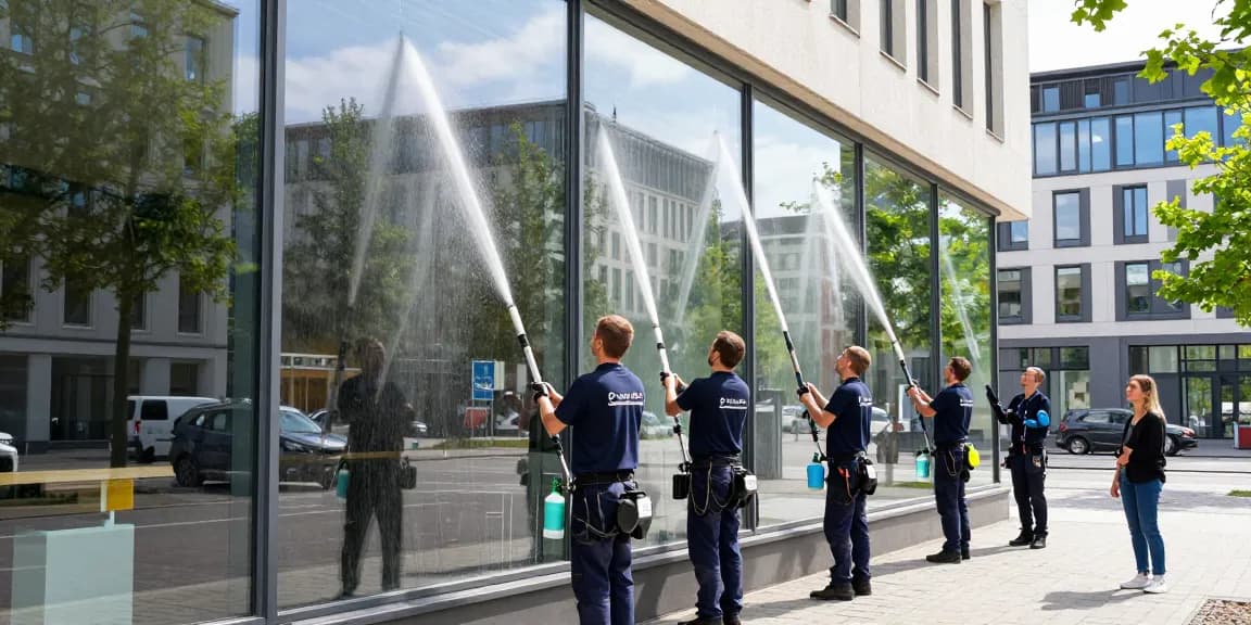 Fensterreinigung Firma Dortmund zeigt professionelles Team bei der Arbeit an großen Glasfenstern in Dortmund, umweltfreundliche Reinigungsmittel eingesetzt.