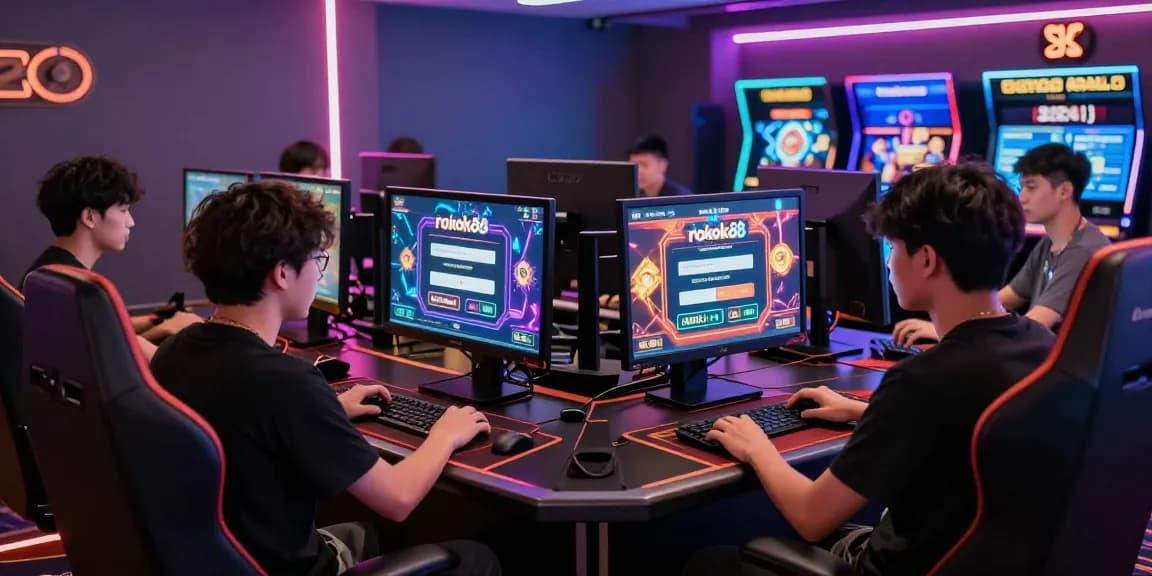 Players accessing rokok88 login on laptops in a vibrant online casino environment.