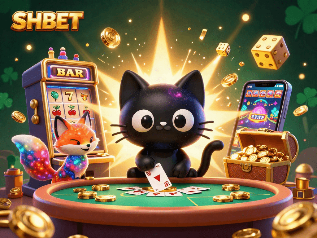 SHBET casino illustration featuring a black hole cat and a nebula fox captivating winning chips at a cosmic table.