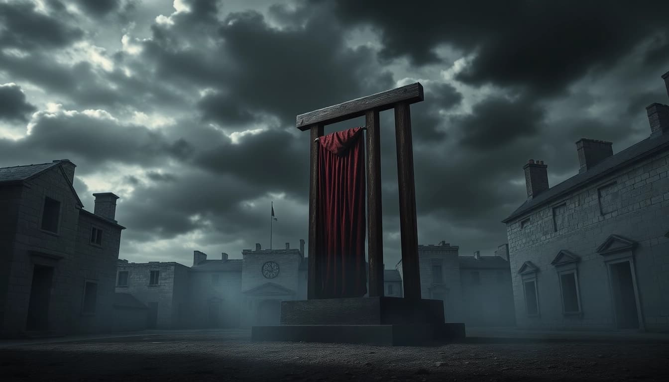 Guillotine origin phrase depicted in a historical scene showing a moody, atmospheric guillotine.