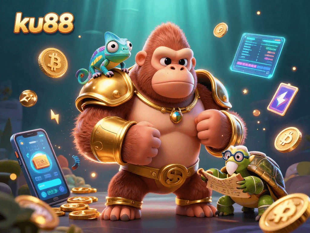 Experience thrilling action with ku88 as a mighty gorilla king showcases his strength in a vibrant casino-themed scene.