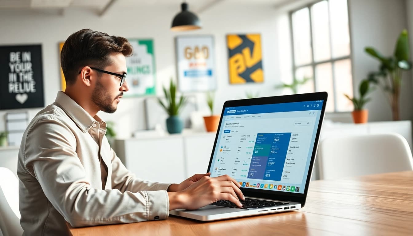 Engage with the affordable linkedin scraping tool showcased on a laptop in a dynamic office setting.