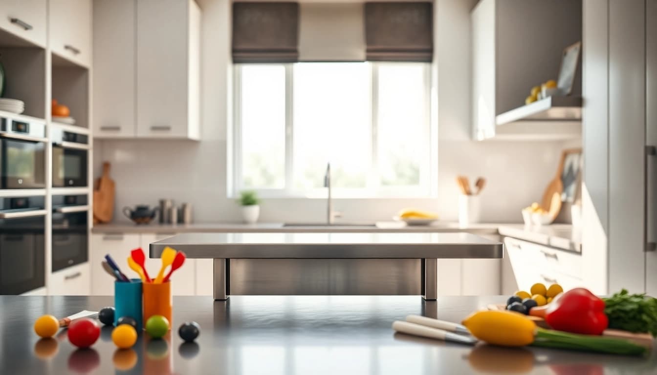 Utilize a stainless steel table for a modern kitchen setup that highlights durability and style.