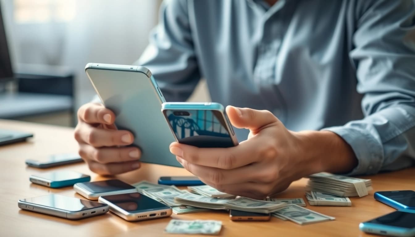 Sell my old phone for cash, showcasing a person evaluating it with scattered devices and cash.