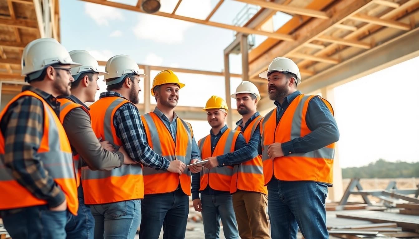 Workers discussing construction safety programs at a construction site, emphasizing teamwork.
