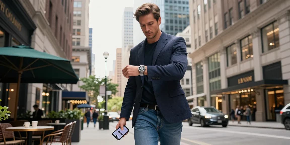 Stylish man showcasing super clone watches in an upscale urban setting, exuding elegance.